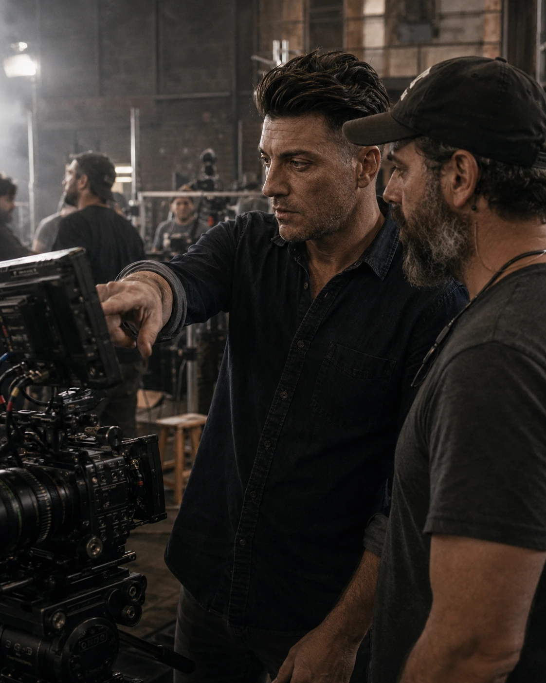 Échange autour du moniteur d’une caméra sur un plateau de tournage